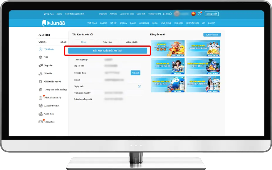 Bước 2: Chọn ĐỔI MẬT KHẨU/ĐỔI MÃ PIN